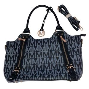 Handbag Faux Leather Milan MM Pattern Black Gray & Zipper Closure Pockets Women